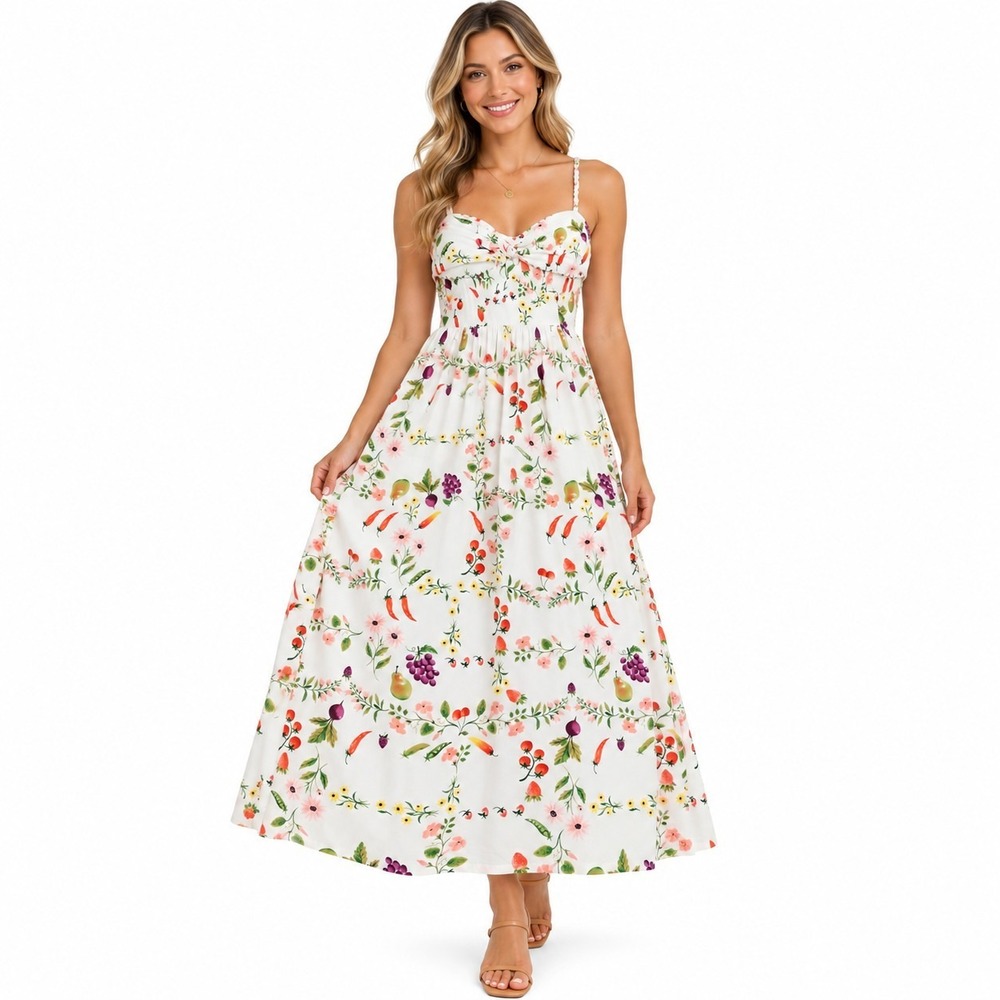 Old Navy Fruit Floral Smocked Back Strappy Cotton Midi Dress Womens Medium Tall